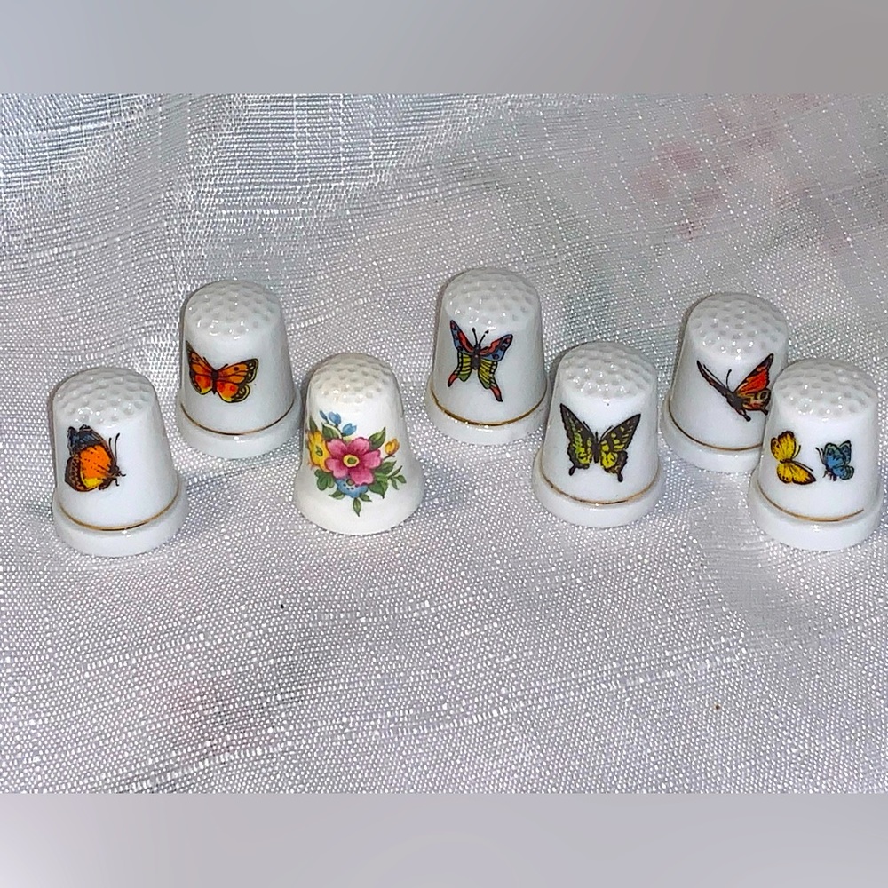 Set of 7 Thimbles Milk Glass Hand Painted Flowers Butterflies Sew Collectibles